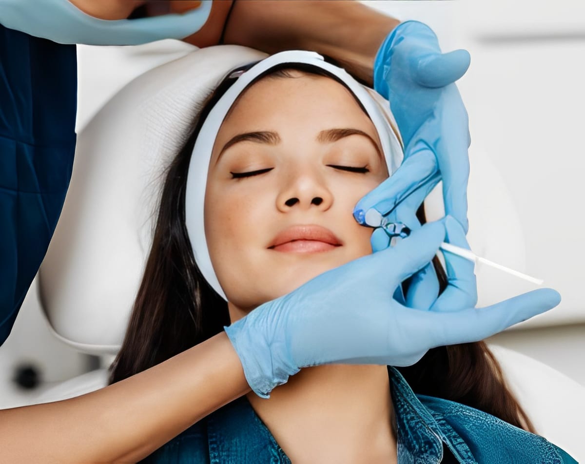 Photograph of a model with her eyes closed receiving a facial injection from a gloved hand