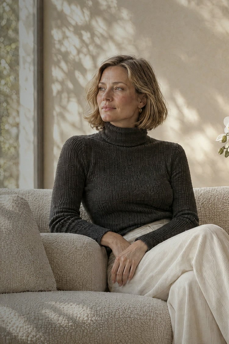 A model in a dark turtleneck seated on a bouclé sofa in soft window light