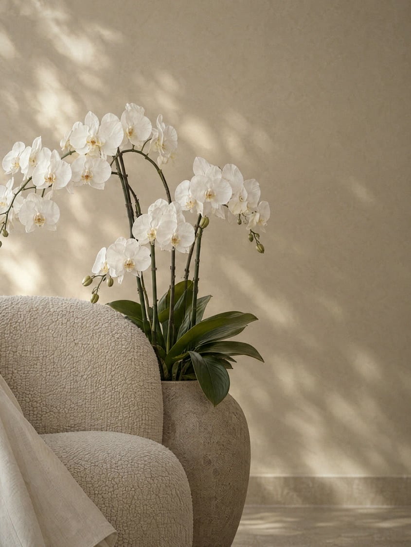 A white orchid in a stone vase beside the sofa